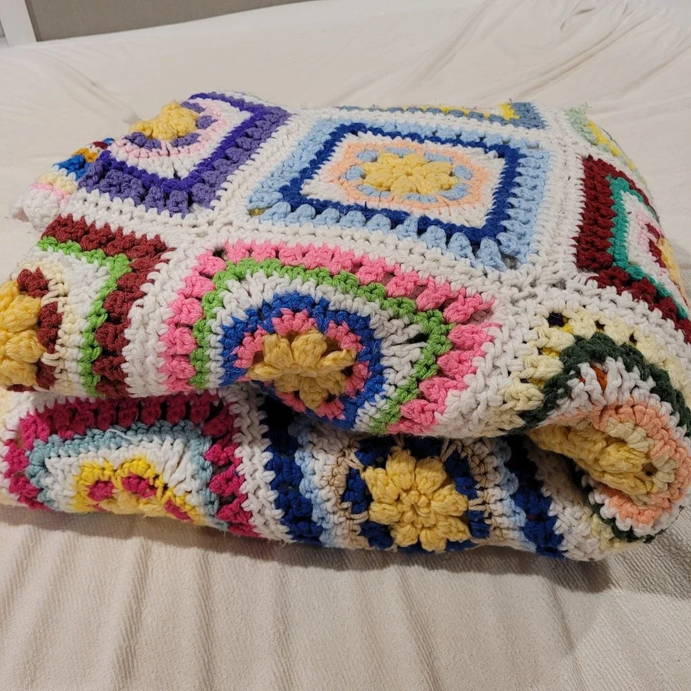 Vibrant Handmade Crochet Granny Square Afghan Blanket MultiColor Floral Sunburst